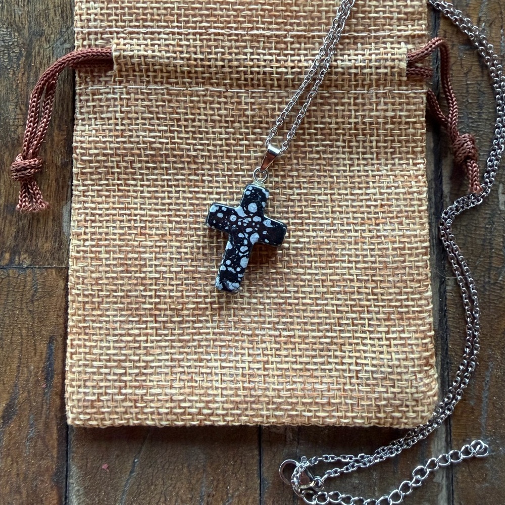 Snowflake Obsidian Cross Necklace Obsidian Pendant Genuine Obsidian Necklace